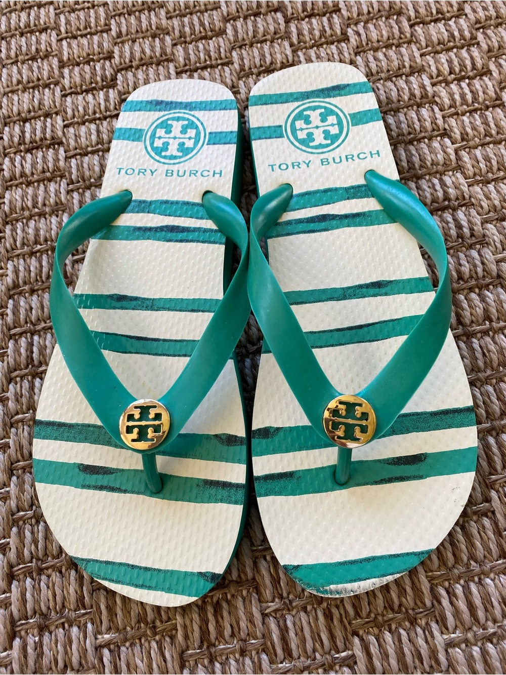Tory Burch Teal and White Striped Logo Flip Flops